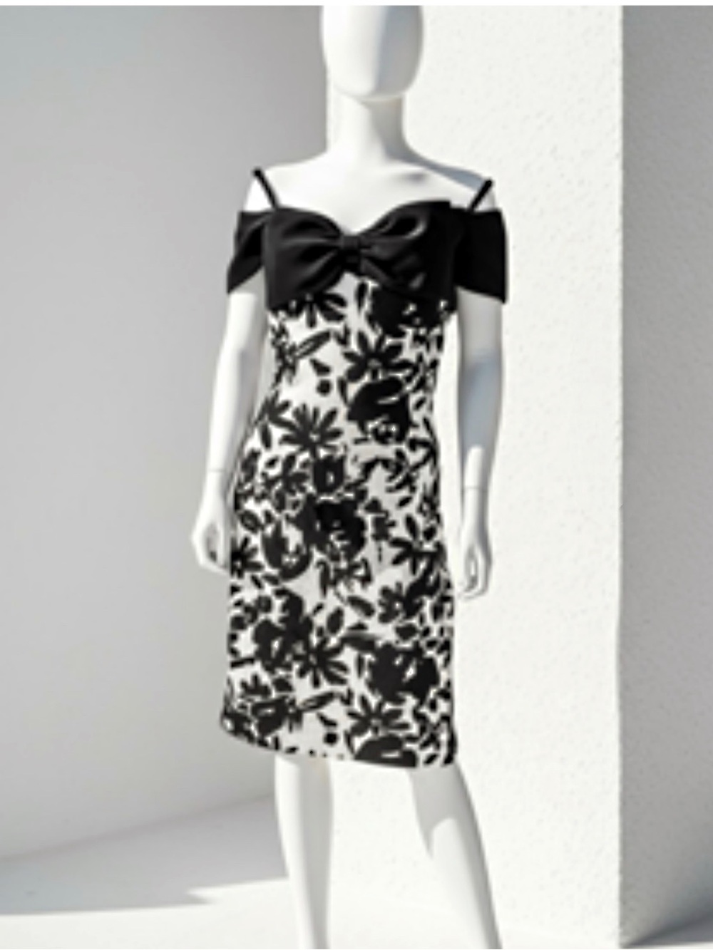 Vintage 80’s A.J.Bari Black/White Floral Wiggle Dress Silk Bow Size 12 Fits 4-6